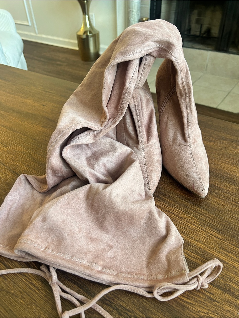 Blush Pink Suede Pointed-Toe Knee-High Boots